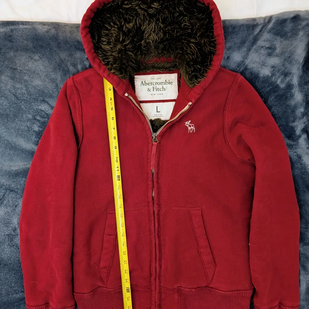 Vintage Abercrombie & Fitch Burgundy Hooded Sweatshirt Faux Fur Lining Rare. - Picture 3 of 9